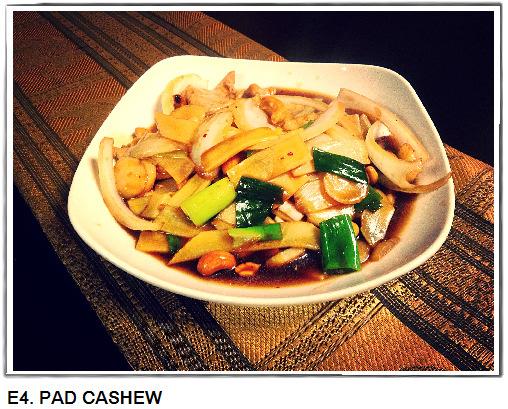 E5. Pad Pak Broccoli, peapods, mushrooms, bamboo, carrots, baby corns, string beans, and water chestnuts stir-fried in brown sauce. E6.