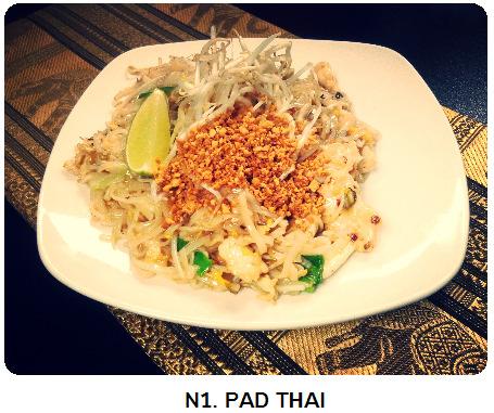 N O O D L E S N1. Pad Thai Stir-fried thin rice noodles with egg, bean sprouts, and green onions in special Thai sauce; topped with crushed peanuts, fresh bean sprouts, and a slice of lime.