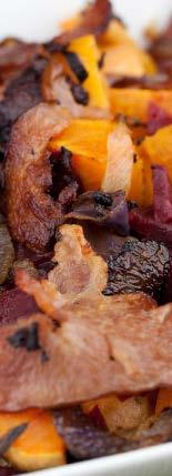 Sweet Potato Beet Hash (Serves 2) 1 large sweet potato, peeled and cut into cubes 1 large beet, peeled and cubed 1 T coconut oil, melted 2 slice turkey bacon 1 onion, diced sea salt and pepper