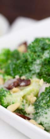 Broccoli Salad (Serves 4) 1 tsp sea salt 5-6 cups fresh broccoli florets 1 2 cup slivered almonds 1 2 cup cooked turkey bacon 1 4 cup red onion, chopped 1 cup frozen peas Dressing 1 cup coconut kefir