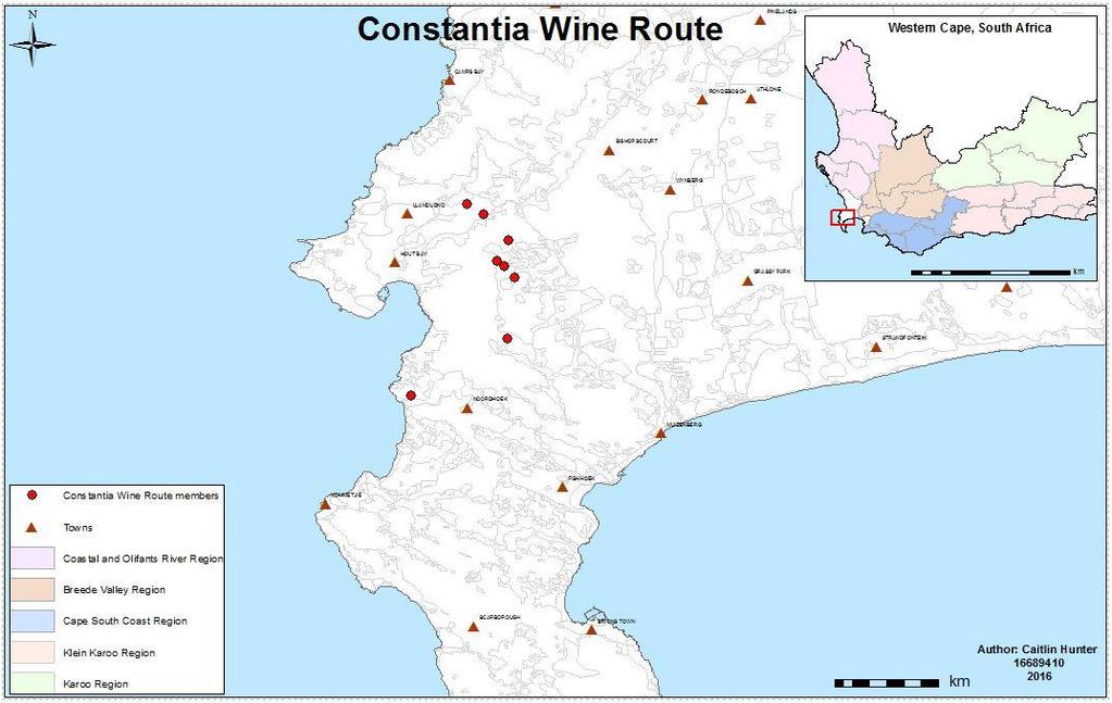 169 estates on the route participated in the survey. The location wineries in the Constantia Wine Route is illustrated in Figure 4.