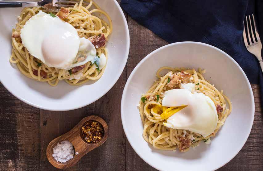 MAIN DISHES 28 Easy Spaghetti Carbonara SERVES 2 2 large eggs 1/2 lb spaghetti 3 slices thick cut bacon, 2 tablespoons reserverved bacon fat ⅓ cup grated Pecorino Romano cheese Freshly ground black