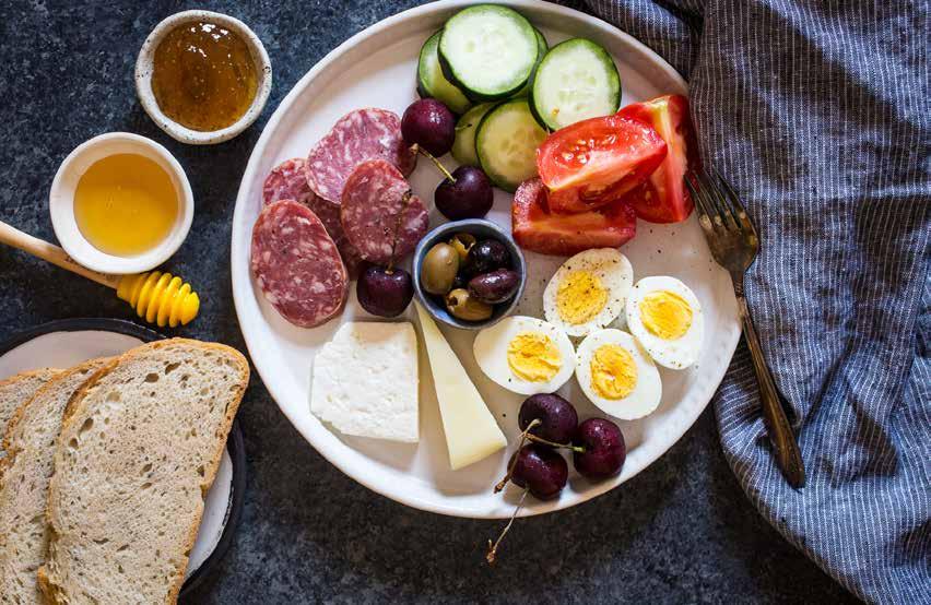 BREAKFAST Turkish Breakfast SERVES ANY NUMBER, CHANGE AMOUNTS DEPENDING ON PEOPLE hard boiled eggs spicy salami, sliced 1 cucumber, sliced 1-2 tomatoes, quartered green and black olives, pitted feta