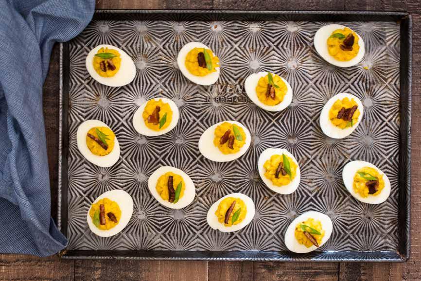 SIDES AND SALADS 12 Bacon Deviled Eggs 12 large eggs 2 strips thick cut bacon, cooked 1 tablespoon reserved bacon fat 1/3 cup mayonnaise 2 teaspoon dijon mustard 1/8th teaspoon cayenne pepper kosher