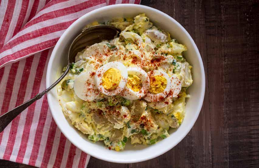 SIDES AND SALADS 14 Picnic Potato SERVES 4 Salad 2 lbs yukon gold potatoes 5 large eggs 4 celery stalks 1 bunch scallions 1/4 cup sour cream 1/3 cup mayonnaise 1/2 tablespoon apple cider vinegar