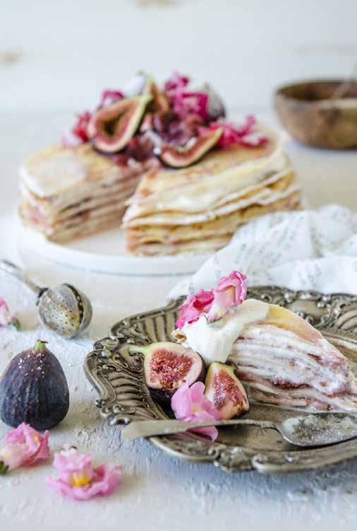 Fig & Vanilla Bean Crepe Cake THIS STUNNING CAKE IS BRIMMING WITH AROMATIC QUEEN VANILLA BEAN PASTE, JUICY FIG COMPOTE AND PURE MAPLE SYRUP.