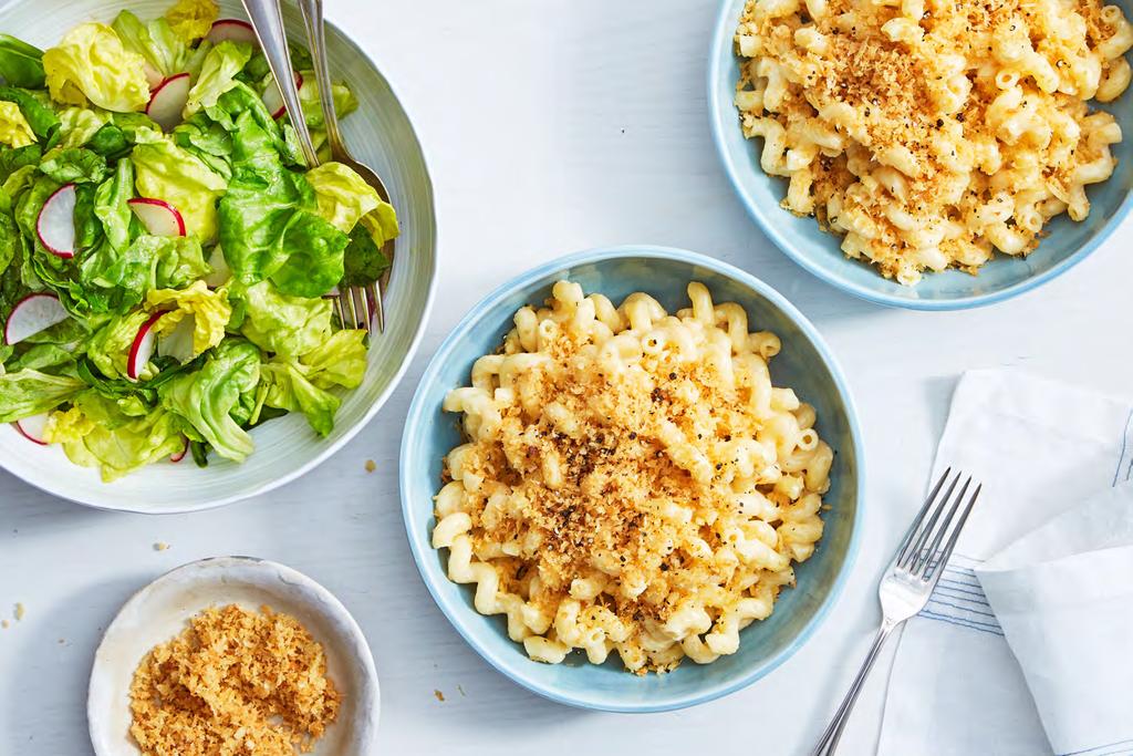 Macaroni and Cheese with Garlic Crumbs & Lemony Salad 30 minutes 2 Servings This mac and cheese is a unanimous staff favorite.