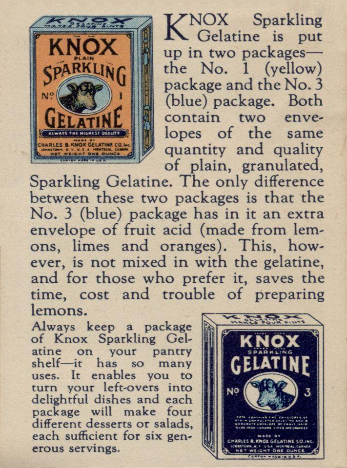 K NOX Sparkling Gelatine is put up in two packages the No. 1 (yellow) package and the No. 3 (blue) package.