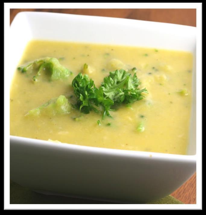 Broccoli Cheddar Soup Ingredients - Serves: 5-3 cups organic Vegetable Broth - 2 cups chopped Broccoli - 1 small yellow Onion, diced - 1/4 cup Kefir - 1 1/2 cups organic Cheddar Cheese - Sea Salt and