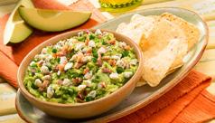 BACON & BLUE CHEESE GUAC SERVES: 4 4 pieces thick cut bacon fried and crumbled / cup blue cheese crumbles Avocados From Mexico ¹ red onion diced cloves fresh minced garlic jalapeño chile seeded and
