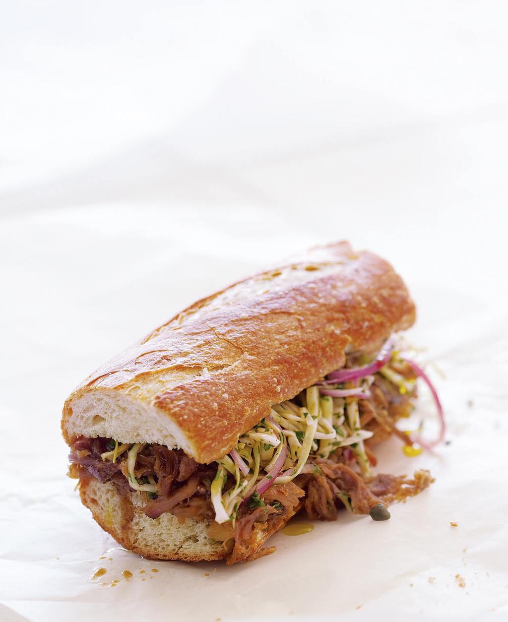 pulled-pork sandwiches with cabbage, caper, and herb slaw For these sandwiches, the bread should be very lightly toasted so that it s soft and warm but not dry.