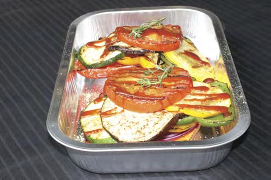 Grill all the slices with some olive oil until cooked and with nice grill marks. 4. Remove from grill and place the vegetables in layers in an aluminium foil tray.