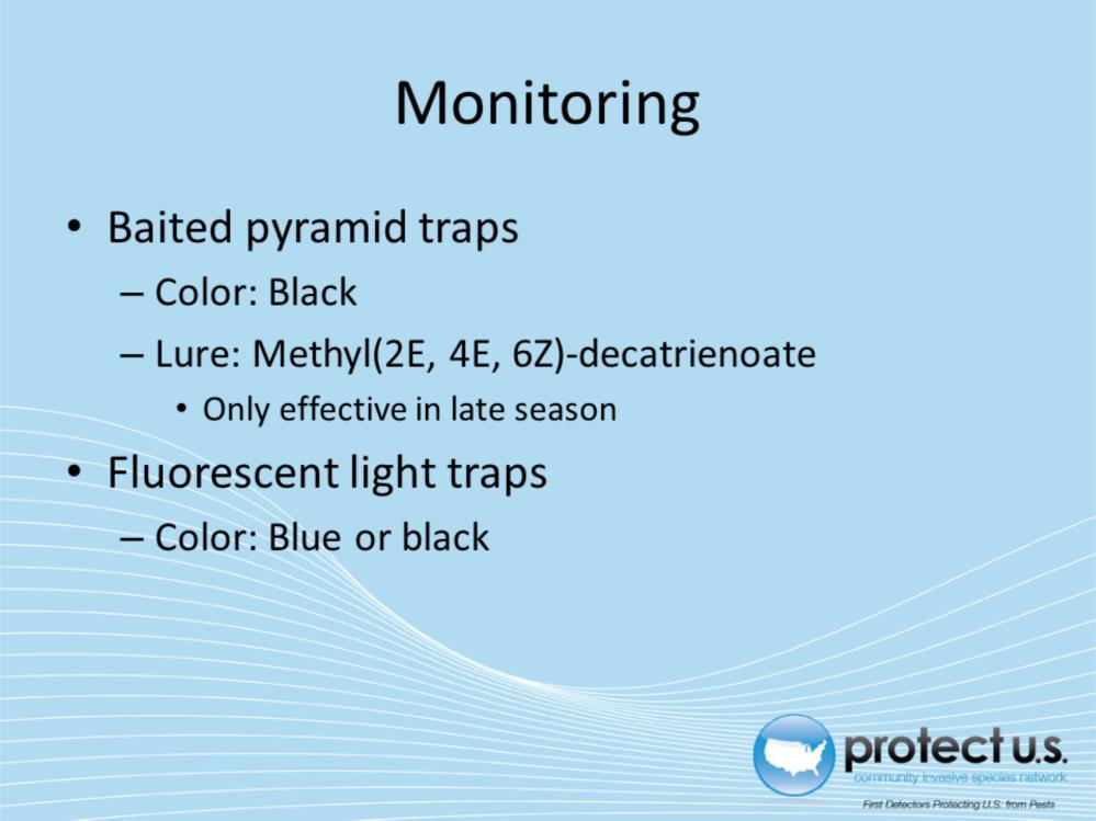 Implementing pest monitoring as a part of IPM programs may allow for the early detection of exotic species and improved overall pest management and/or eradication efforts.