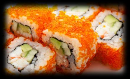 topped with fly fish roe California Maki $15.