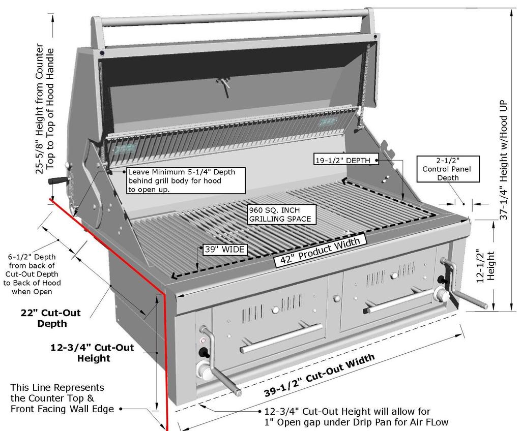 GRILL SPECIFICATION GUIDE PRODUCT DIMENSIONS Product Size - 42"W x 27-1/8"D x 28"H Cut-Out Size -39-1/2"W x 22"D x 12-3/4"H Product Weight 216 LBS HOOD UP DIMENSIONS Counter to Top of Hood - 25-5/8