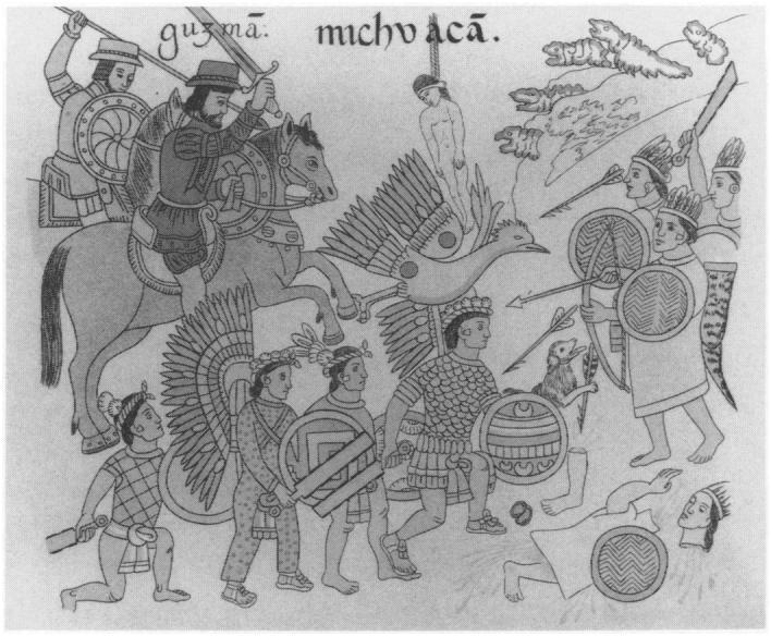 Michoacan '.,,.-FIGURE 2. Nufio de Guzman's conquest of as portrayed in thesixteenth-century Lienzo de Tlascala. From Alfredo Chavero,?i::.~and all the womclemen and ~ (Mexico City, 1892).