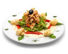 Grilled Chicken Breast Salad 1 cup lettuce 1 grilled chicken breast 1/4 cup croutons 1 tablespoon grated parmesan cheese