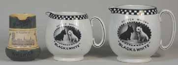5ins tall, BUCHANAN S BLACK & WHITE, with picture to sides of a hunting dog with a bird in it s mouth, some stains to body, old repair to rim chip (average), Rare Jug, JBC to base, R$2000 3000)