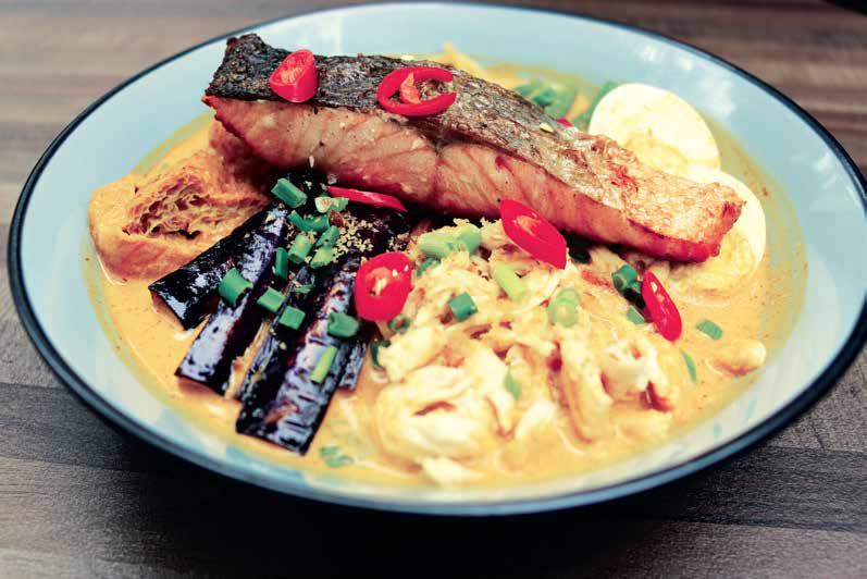 Naughty NOODLES/RICE CURRY SPAGHETTINI WITH SALMON SPAGHETTINI, SALMON FILLET, COCONUT BROTH, SPICES, DRIED