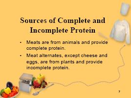 Module 3: Meats and Meat Alternates Visuals, Materials Needed Topic and Discussion Guide Healthy Cuisine for Kids Slide 7 Slide 8 Display: Slide 7, Sources of Complete and Incomplete Protein Tell: A