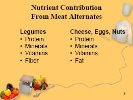 Module 3: Meats and Meat Alternates Visuals, Materials Needed Slide 9 Topic and Discussion Guide Fat supplies twice as many calories as protein and carbohydrates and may lead to weight gain when you
