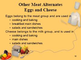 Module 3: Meats and Meat Alternates Visuals, Materials Needed Slide 11 Slide 12 Slide 13 Topic and Discussion Guide Display: Slide 11, Meat Alternates Help Supply Shortfall Nutrients Tell: The 2005