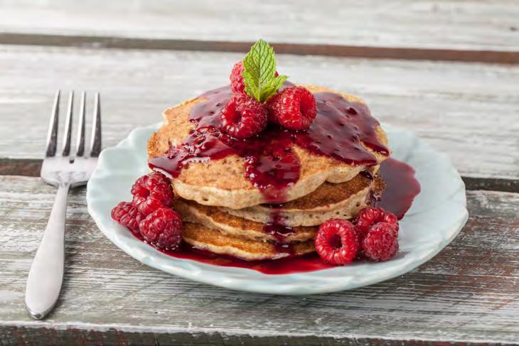 raspberries 22 Raspberry Oatmeal Pancakes Serves 4 Approximately 20 minutes 1 ½ cups whole wheat flour ¾ cup old fashioned oatmeal, uncooked 2 ½ tsp. baking powder 1 tbsp. sugar ¼ tsp.