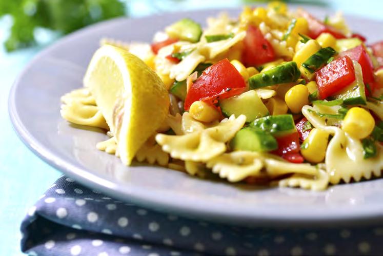 cucumbers 27 Cucumber Pasta Salad Serves 8 Approximately 45 minutes 8 oz. whole wheat bow tie pasta 1 large cucumber, thinly sliced 1 large onion, thinly sliced 1 tomato, diced 1 cup corn 1½ tsp.