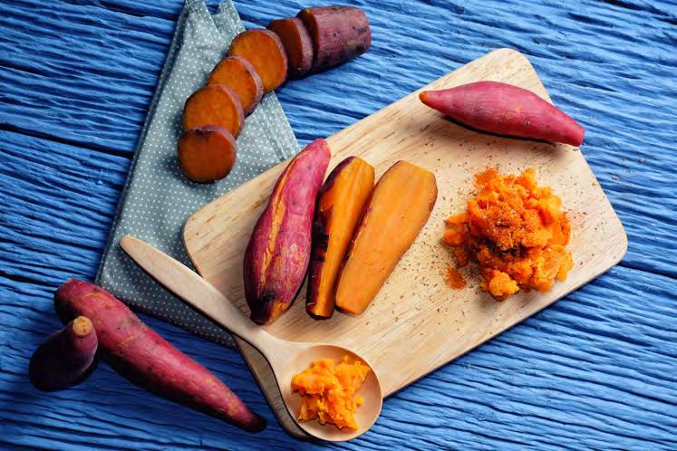 yams 36 Thai-Seasoned Baked Yams and Sweet Potatoes Serves 6 Approximately 1 hour 2 sweet potatoes, peeled and cubed 3 purple yams, peeled and cubed 1 large carrot, chopped thickly 3 tbsp.