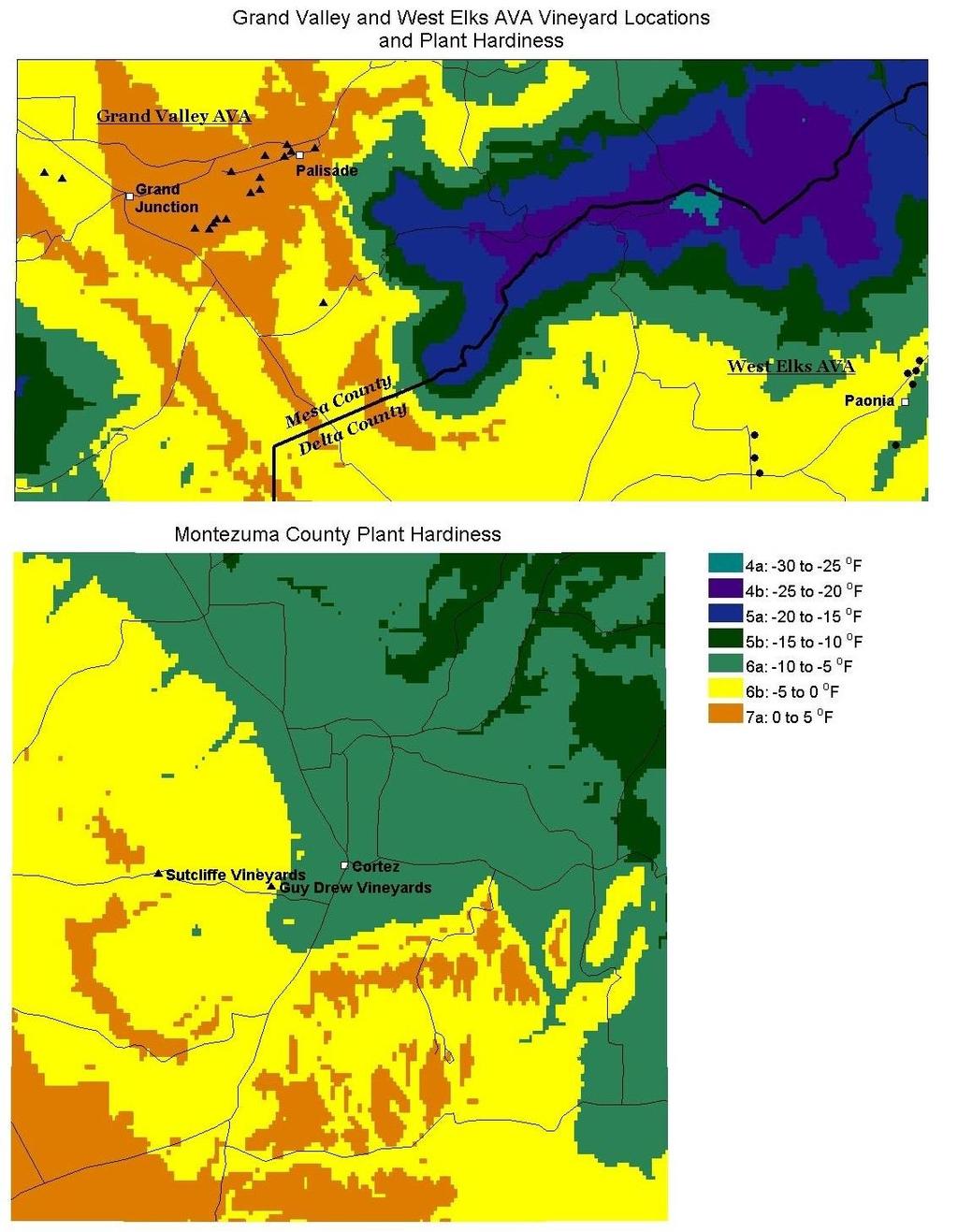 Fig. 3: Plant Hardiness Zone Map with overlays of vineyard locations for Mesa/Delta County in W. Central Colorado and Montezuma County (bottom).