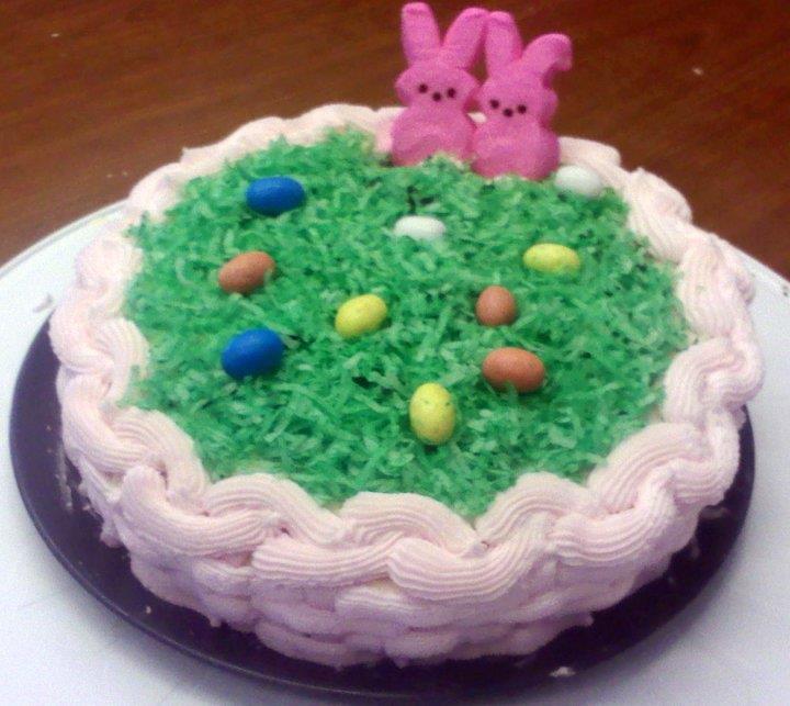 Easter Cake Decorate cake with coconut mixed with green food coloring for grass, mini robins