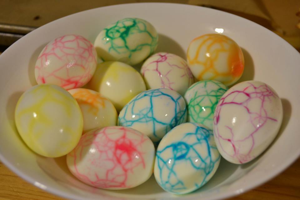 Easter Eggs Hardboil eggs. Gently crack shells with the back of a spoon but leave the shells intact.
