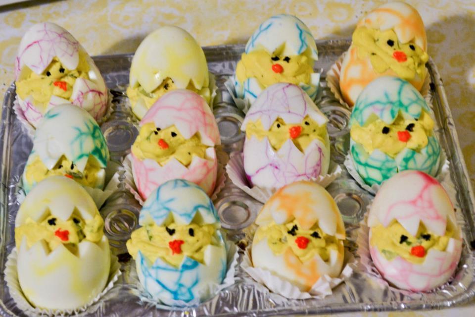 Hatching Chick Deviled Eggs Instead of cutting eggs in half, cut eggs like a