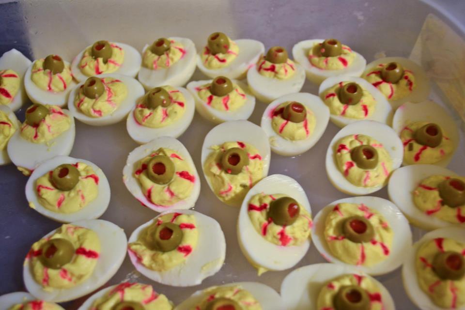 Deviled Egg Eyes Make normal deviled eggs, any recipe.
