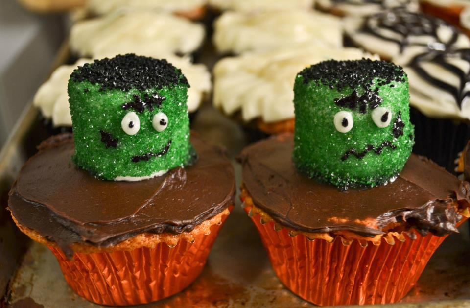 Frankenstein Monster Cupcakes Dip a marshmallow into corn syrup.