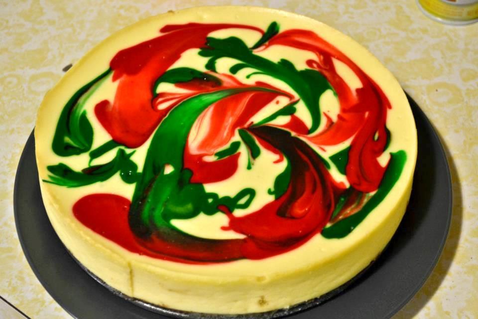 Christmas Cheesecake Dye a small portion of the cheesecake batter red and another portion