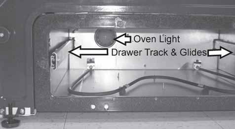 Care and Cleaning 51 Changing warmer oven light Removing warmer oven and replacing light 1. Before drawer removal, be sure to turn OFF the warmer oven and let the drawer area cool completely. 2.