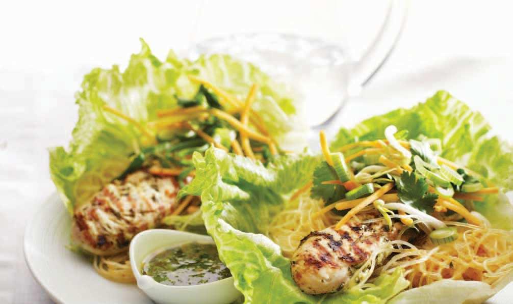 Dinner GRILLED CHICKEN AND NOODLE LETTUCE WRAPS Preparation time: 25 minutes Cooking time: 10 minutes 2 cloves garlic, peeled 2 coriander stalks and leaves, roots discarded cup lime juice (juice of 2