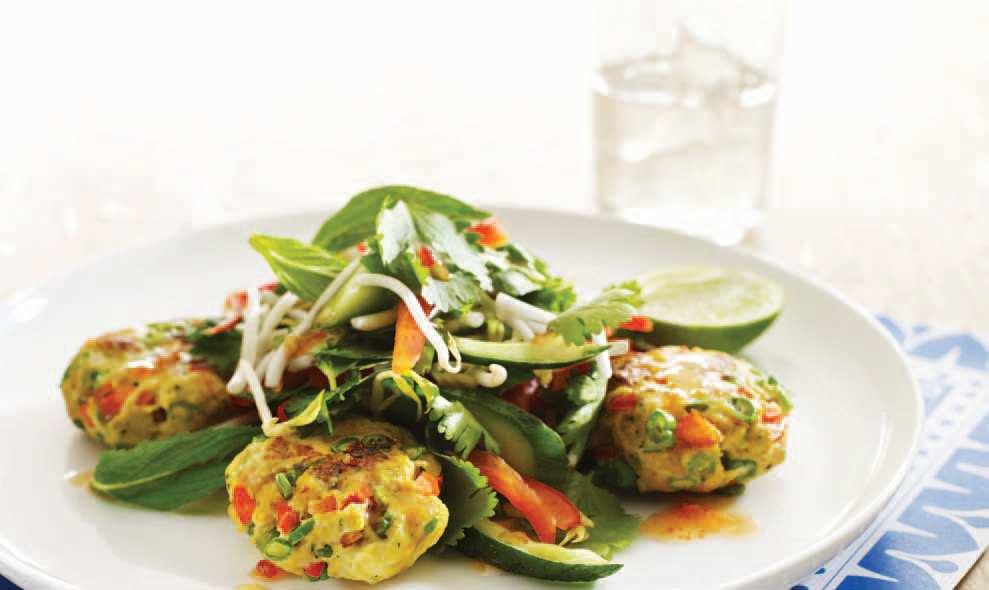 Dinner Dinner THAI FISH CAKES WITH CRUNCHY SALAD 400g firm boneless white fish fillets, roughly chopped 1 clove garlic, peeled and quartered 4 stems coriander, roots removed (50g stems and leaves) 1