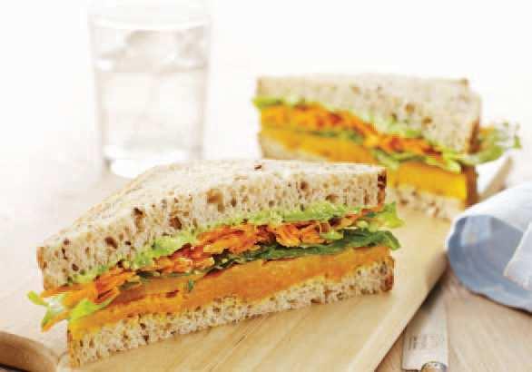 Lunch ROASTED PUMPKIN AND SALAD SANDWICH Lunch PRAWN AND AVOCADO RICE PAPER ROLLS 100g pumpkin, peeled and seeded ½ avocado, peeled and stoned 4 slices wholegrain bread 1 small carrot, peeled and