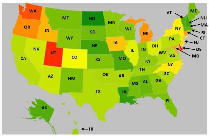 Figure 4. Percent of claim lines with anaphylactic food reaction diagnoses compared to all medical claim lines by state, 2016.