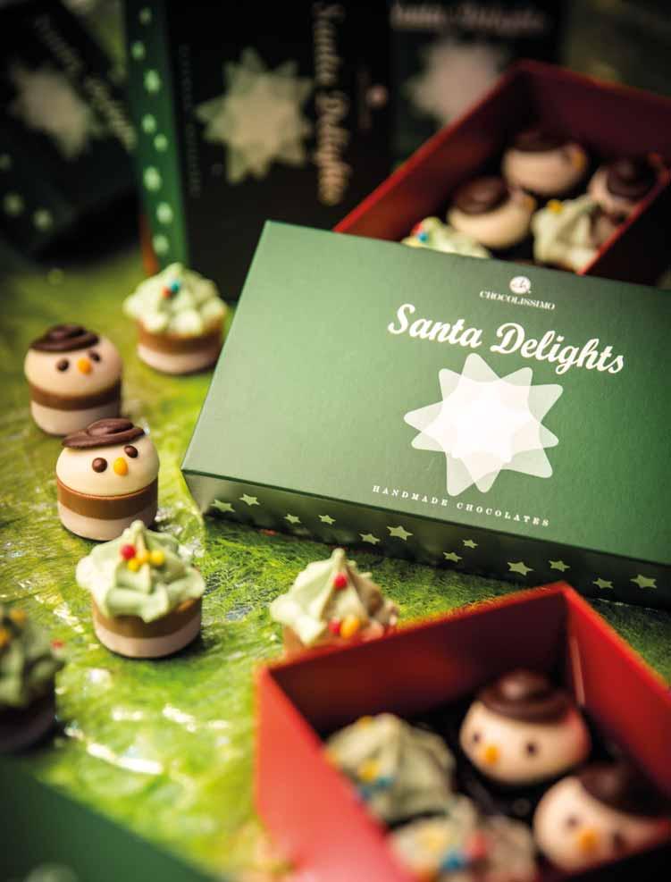 SANTA DELIGHTS 3603 WINTER DELIGHTS 4 87x85x45 mm 70 g 4,95 EUR Our great pair of the season: a delicious Christmas tree stuffed with hazelnut and pistachio filling, and a snowman with vanilla