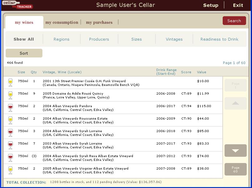 LISTING PAGES. SCREEN SHOTS 1 through 3. These screen shots (taken from a TPMC 8X panel type) show three types of listings: My Wines, My Consumption and My Purchases.