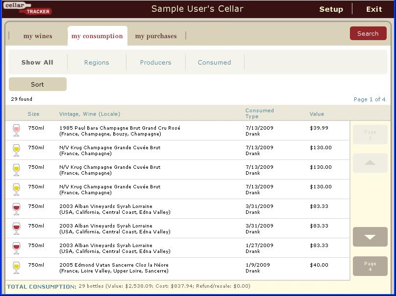 SCREEN SHOT 2 My Consumption listing shows all the bottles you have consumed, including the date and manner (e.g. drank ) in which it was consumed. Note: The Crestron CellarTracker!
