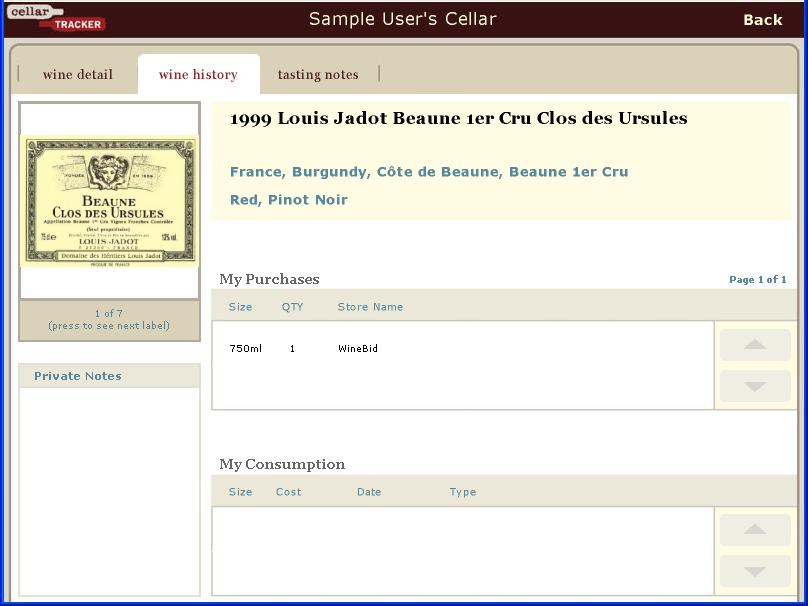 SCREEN SHOT 6 Wine History The History tab shows a complete record of purchases of that wine and store, and a complete record of your consumption.