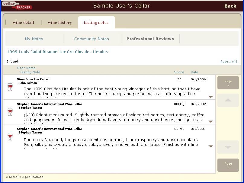 SCREEN SHOT 8 Professional reviews can be veiwed from such wine experts as Stephen Tanzer's IWC, Allen Meadows Burghound.