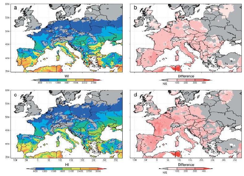 PART 1 Figure 3: Mapping of the Winkler and Huglin indices in Europe for the period 1950 to 2009 (left) and the difference between the periods 1980-2009 and 1950-1979 (right) (Source : Santos et al.