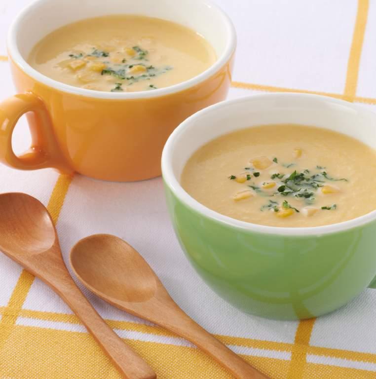 Japan SOUPS Corn Potage Serves 5 6 400g boiled corn (net weight) ½ onion 600ml consomme soup (hot water + 1½ cubes consomme) 300 400ml milk Salt and pepper to taste Parsley as needed 1.