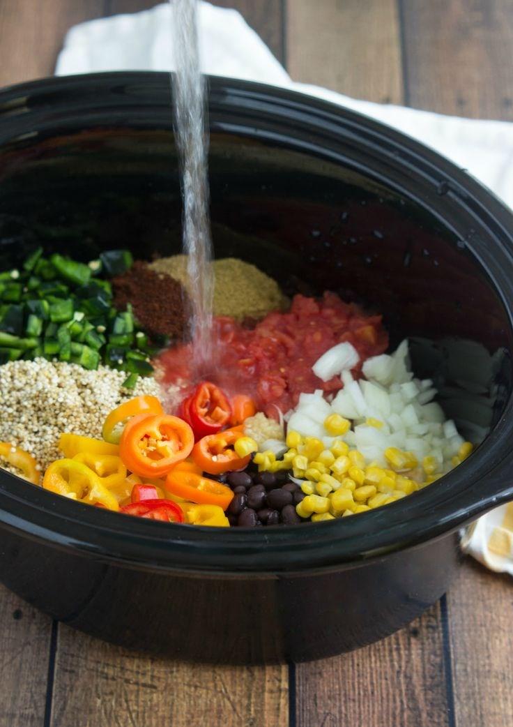 Slow Cooker Quinoa Tex Mex Recipe Submitted by Magen Elenz 1 1/2 cup quinoa, well rinsed 1 (15oz) can black beans, drained and rinsed 1 (14 oz.) can diced tomatoes, undrained 1 (15 oz.