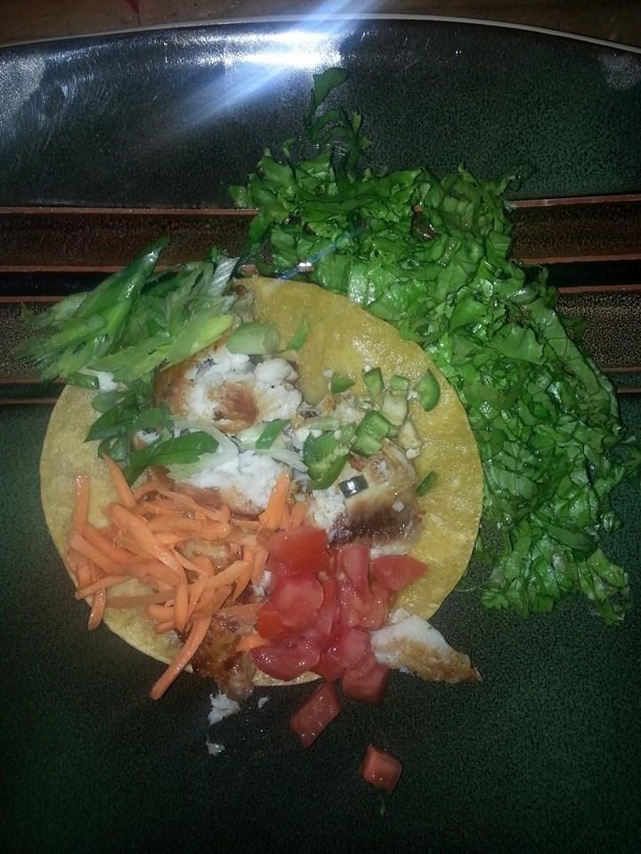 Tilapia Fish Tacos Submitted by Ginger Abetya Feeds a family of 4 18 Corn Shells 1 bunch green onions 2 Carrots 3 Roma tomatoes 2 Jalapenos Half a head of green leaf lettuce 2 limes 4 Tilapia Fish